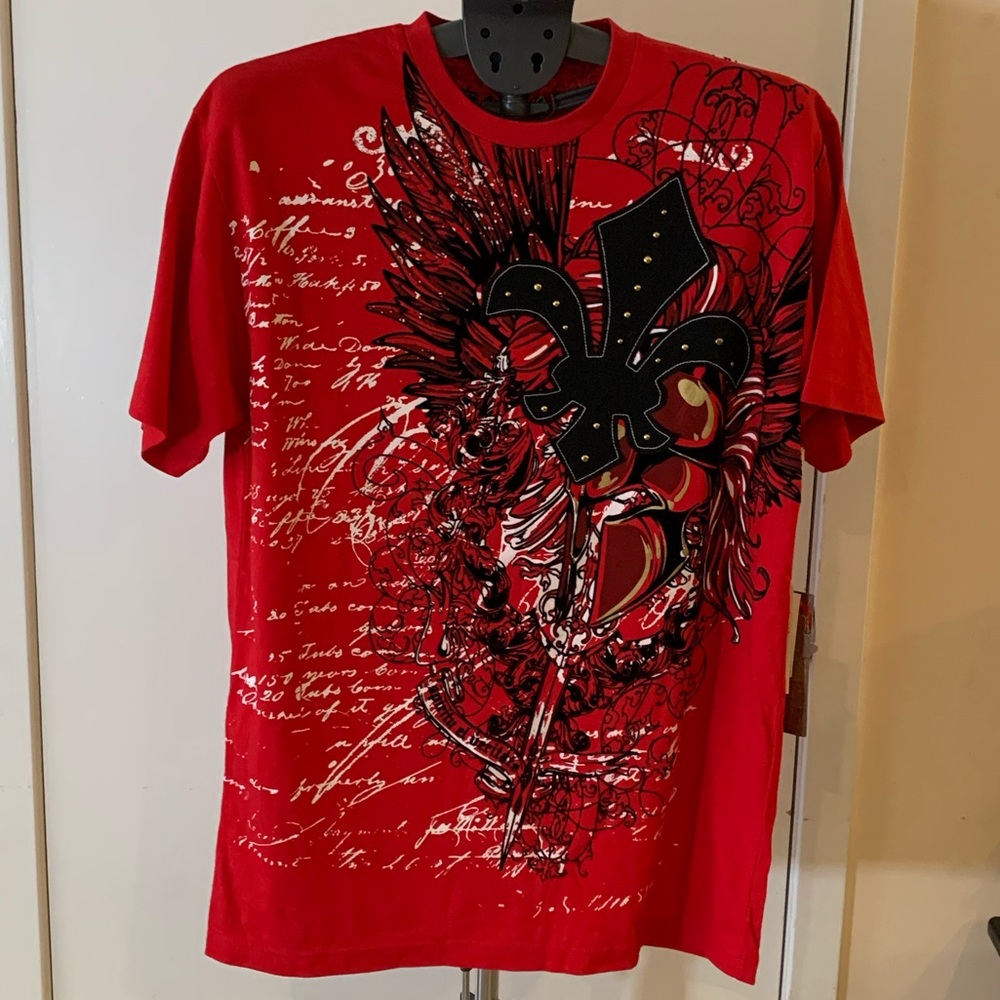 Men’s embellished T-shirt. Foil+flocking. L. Red.